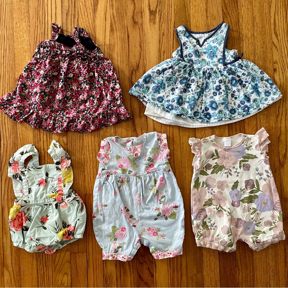 Bundle of Baby Girl floral rompers and dresses, 12-18mo